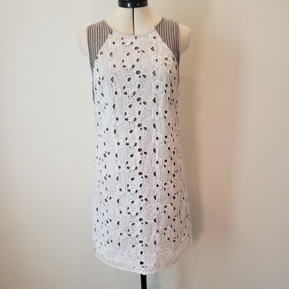 San & Soni Anthropologie Gray Striped Sleeveless Dress with Lace Overlay Med